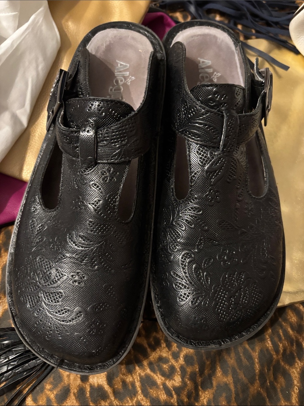 Alegria Black Embossed T-Strap Clogs